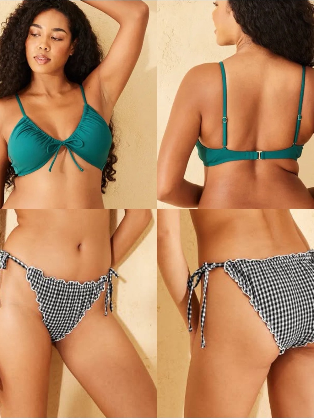 Tie-Front Bikini Top with Black-and-White Gingham Tie-Side Bottoms